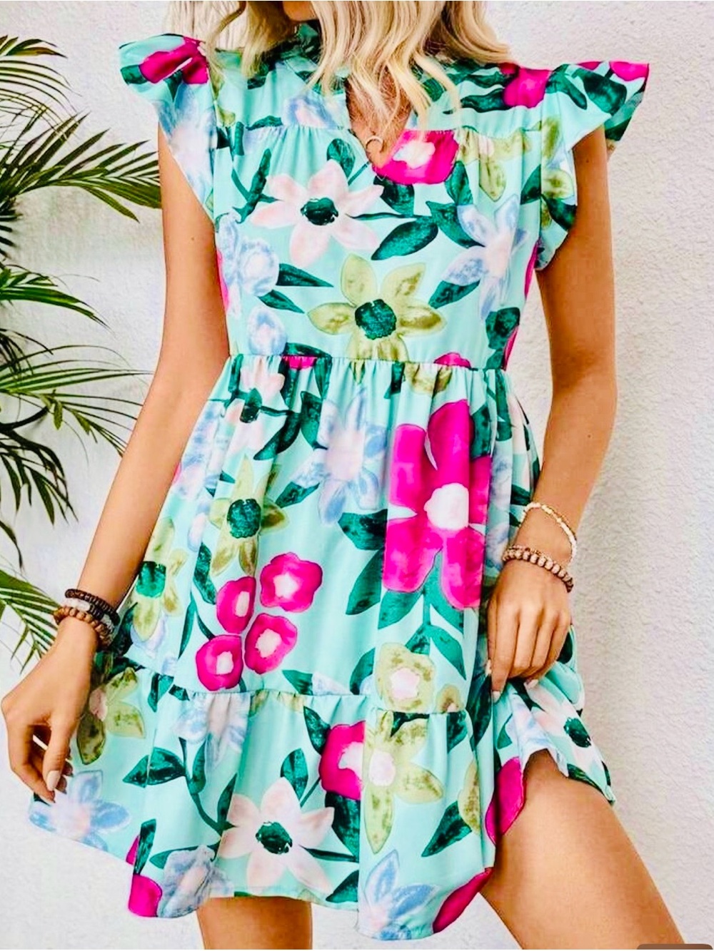 SHEIN Teal Floral Ruffle Sleeve Dress with Pink Accents
